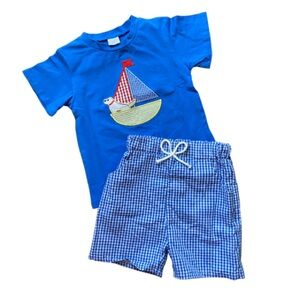 Blue Sailboat Tee & Gingham Shorts Set Appliqué & Embroidered NEW Size 2/3